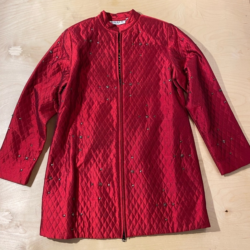 Anage Red Embellished Quilted Women's Coat Medium (PY)